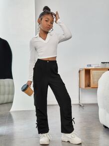 SHEIN Girls Drawstring Side Flap Pocket Cargo Trousers - Black - View 4