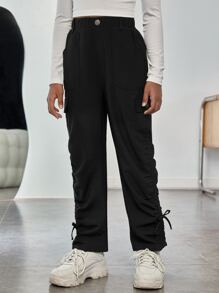 SHEIN Girls Drawstring Side Flap Pocket Cargo Trousers - Black - View 5