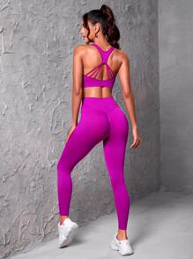 Yoga Sxy Solid Sports Bra & Tummy Control Leggings - Purple - View 1