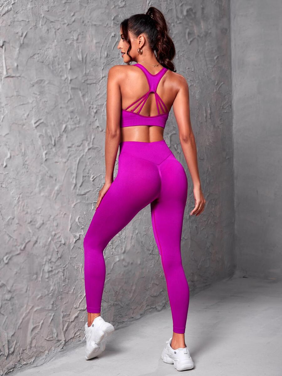 Yoga Sxy Solid Sports Bra & Tummy Control Leggings - Purple - View 1