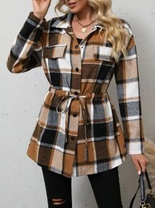 SHEIN LUNE Plaid Flap Detail Drop Shoulder Drawstring Waist Coat - Coffee Brown - View 1