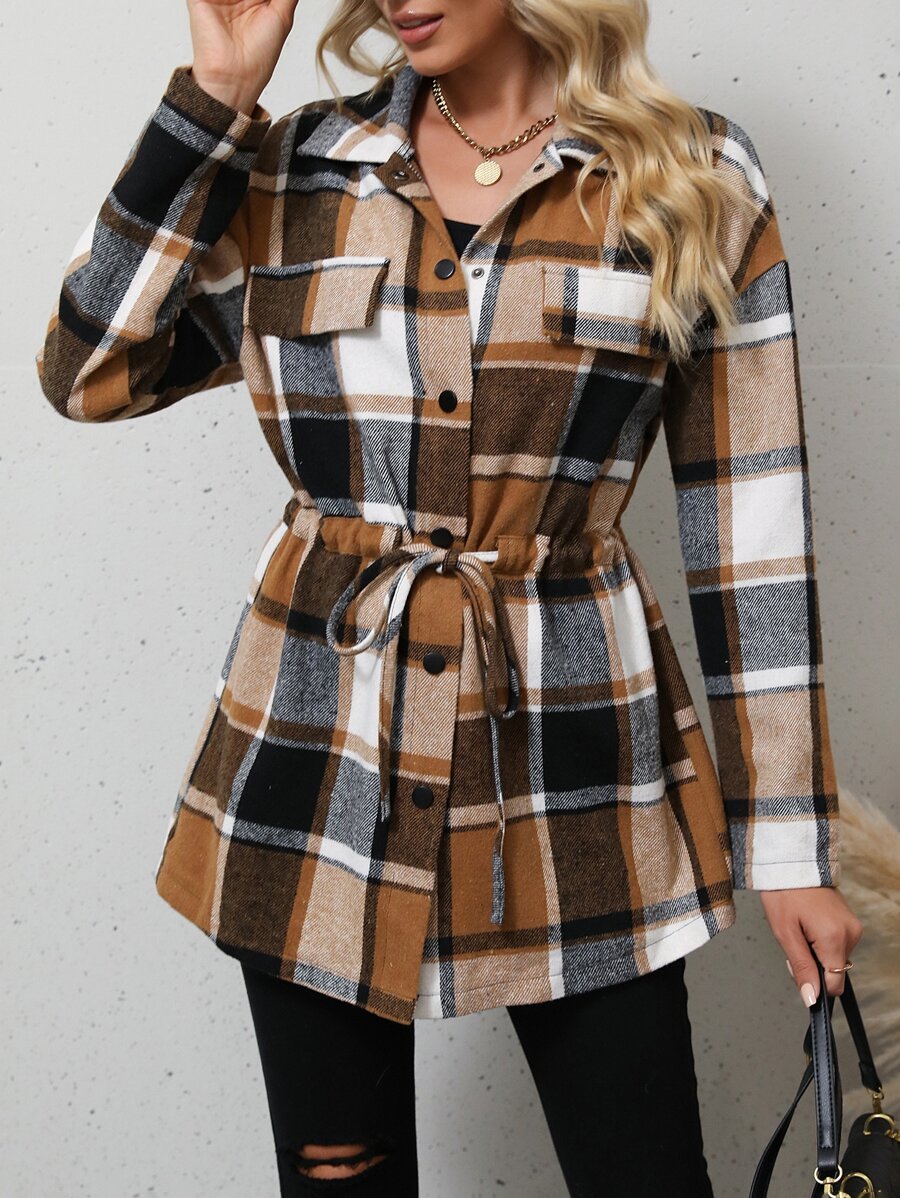 SHEIN LUNE Plaid Flap Detail Drop Shoulder Drawstring Waist Coat - Coffee Brown - View 1