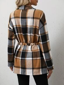 SHEIN LUNE Plaid Flap Detail Drop Shoulder Drawstring Waist Coat - Coffee Brown - View 2