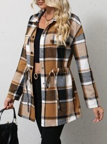 SHEIN LUNE Plaid Flap Detail Drop Shoulder Drawstring Waist Coat - Coffee Brown - View 3