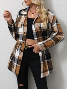 SHEIN LUNE Plaid Flap Detail Drop Shoulder Drawstring Waist Coat - Coffee Brown - View 4