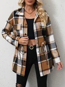 SHEIN LUNE Plaid Flap Detail Drop Shoulder Drawstring Waist Coat - Coffee Brown - View 6