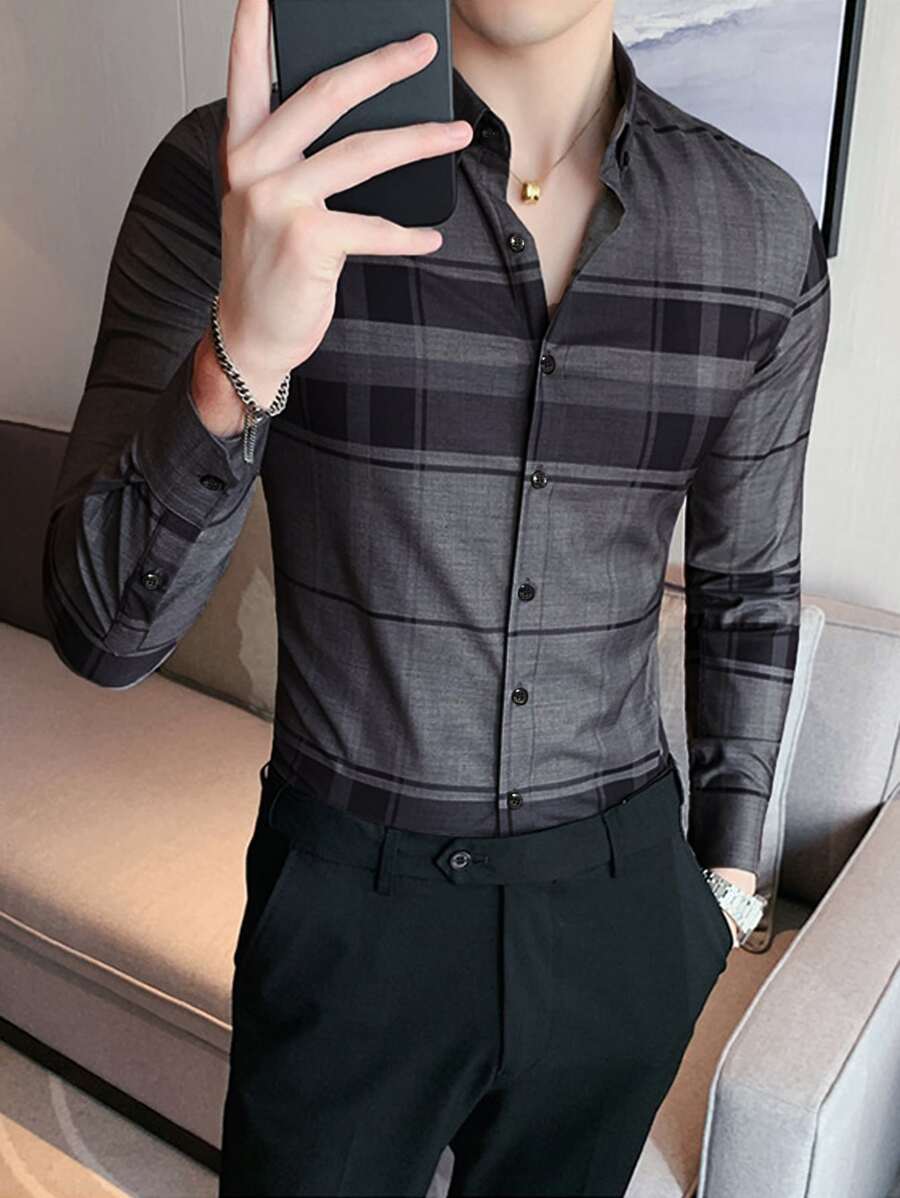 Manfinity Homme Áo sơ mi nam dài tay họa tiết kẻ caro nhiều màu sắc thường ngày, làm quà tặng cho bạn trai, đi làm - Màu xám đen - Xem 1