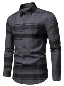 Manfinity Homme Áo sơ mi nam dài tay họa tiết kẻ caro nhiều màu sắc thường ngày, làm quà tặng cho bạn trai, đi làm - Màu xám đen - Xem 3