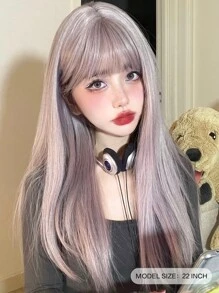 alicegarden 1 Piece Synthetic Heat-Resistant ,Straight Hair Wigs Purple ,With Bangs, 22 Inches Long, Fully Machine Woven Daily Natural Realistic Wig (Excluding Accessories) - Dusty Purple - View 3