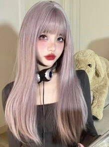alicegarden 1 Piece Synthetic Heat-Resistant ,Straight Hair Wigs Purple ,With Bangs, 22 Inches Long, Fully Machine Woven Daily Natural Realistic Wig (Excluding Accessories) - Dusty Purple - View 5
