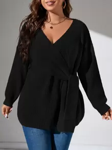SHEIN LUNE Plus Drop Shoulder Wrap Knot Side Jumper - Black - View 1