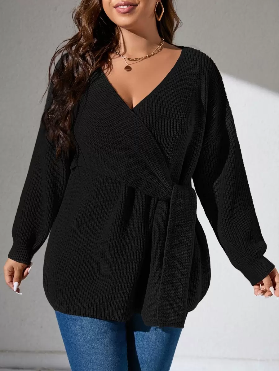 SHEIN LUNE Plus Drop Shoulder Wrap Knot Side Jumper - Black - View 1