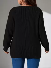 SHEIN LUNE Plus Drop Shoulder Wrap Knot Side Jumper - Black - View 2