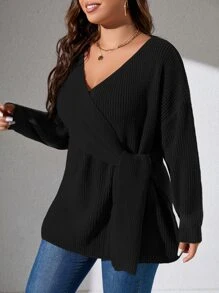 SHEIN LUNE Plus Drop Shoulder Wrap Knot Side Jumper - Black - View 3