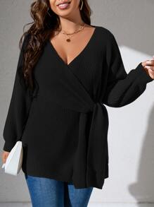 SHEIN LUNE Plus Drop Shoulder Wrap Knot Side Jumper - Black - View 4