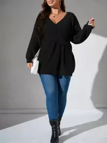 SHEIN LUNE Plus Drop Shoulder Wrap Knot Side Jumper - Black - View 5