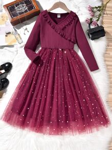 Girls Star Mesh Hem Ruffle Trim A-line Dress - Burgundy - View 1
