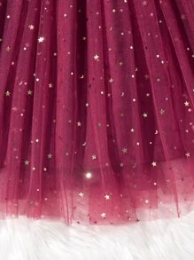 Girls Star Mesh Hem Ruffle Trim A-line Dress - Burgundy - View 3