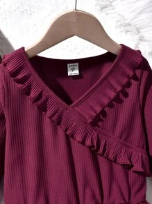 Girls Star Mesh Hem Ruffle Trim A-line Dress - Burgundy - View 4