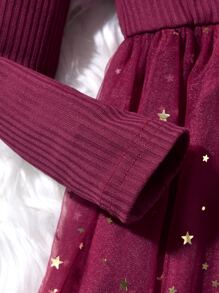 Girls Star Mesh Hem Ruffle Trim A-line Dress - Burgundy - View 5