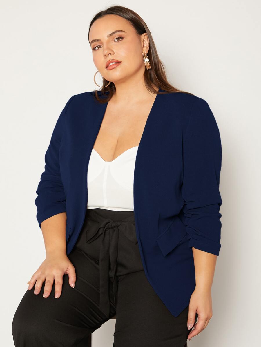 SHEIN Essnce Blazer unicolor de manga fruncido - Azul Marino - Ver 1
