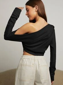 SHEIN BAE Áo thun nữ Xù màu trơn Gợi cảm - màu đen - Xem 2