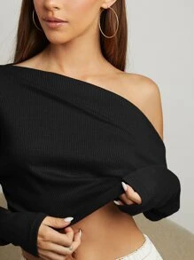 SHEIN BAE Áo thun nữ Xù màu trơn Gợi cảm - màu đen - Xem 4