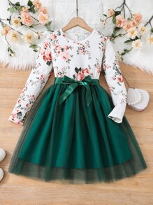 SHEIN Girls Floral Print Mesh Hem Dress - Multicolor - View 1