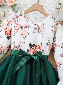 SHEIN Girls Floral Print Mesh Hem Dress - Multicolor - View 3