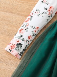 SHEIN Girls Floral Print Mesh Hem Dress - Multicolor - View 5