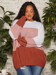 SHEIN CURVE+ Plus Colour Block Drop Shoulder Jumper - Multicolor - View 4