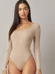 SHEIN BASICS Form Fitted Solid Bodysuit - Khaki - View 1