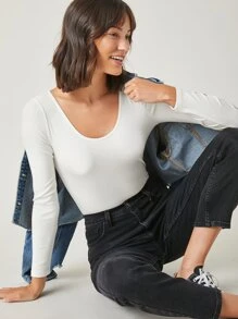 SHEIN BASICS Form Fitted Solid Bodysuit - White - View 1