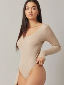 SHEIN BASICS Form Fitted Solid Bodysuit - Khaki - View 3