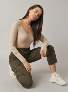SHEIN BASICS Form Fitted Solid Bodysuit - Khaki - View 5