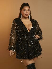 SHEIN SXY Mantel mit Paillette, Fransen, Laternenärmeln - Schwarz - Übersicht 3