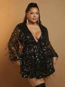 SHEIN SXY Mantel mit Paillette, Fransen, Laternenärmeln - Schwarz - Übersicht 5
