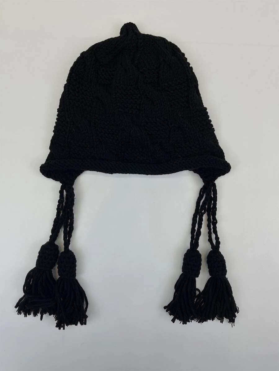 Tassel Decor Crochet Hat - Black - View 1