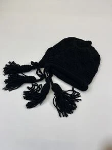 Tassel Decor Crochet Hat - Black - View 3