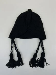 Tassel Decor Crochet Hat - Black - View 5