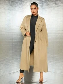 SHEIN SXY Plus Lapel Collar Drawstring Waist Trench Coat - Khaki - View 5