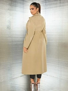 SHEIN SXY Plus Lapel Collar Drawstring Waist Trench Coat - Khaki - View 2