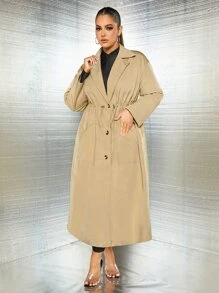 SHEIN SXY Plus Lapel Collar Drawstring Waist Trench Coat - Khaki - View 4