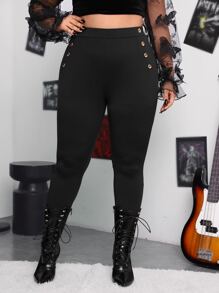ROMWE PUNK Plus High Waist Button Detail Skinny Trousers - Black - View 1