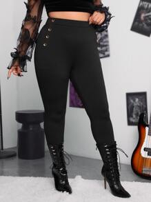 ROMWE PUNK Plus High Waist Button Detail Skinny Trousers - Black - View 3