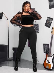 ROMWE PUNK Plus High Waist Button Detail Skinny Trousers - Black - View 5