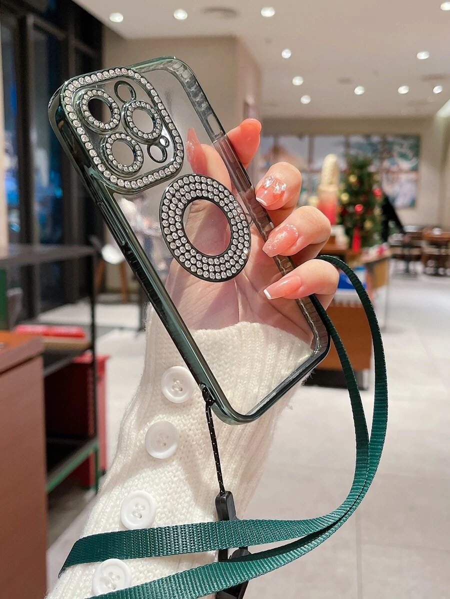 1入組透明水鑽裝飾手機殼附帶繩子