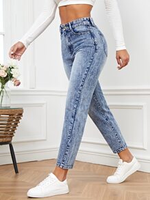 SHEIN Frenchy High Waist Mom Fit Jeans - Medium Wash - View 1