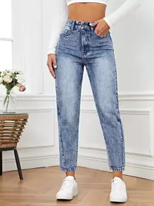 SHEIN Frenchy High Waist Mom Fit Jeans - Medium Wash - View 2