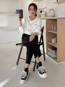 DAZY Letter Embroidery Drop Shoulder Sweatshirt,Fall Clothes